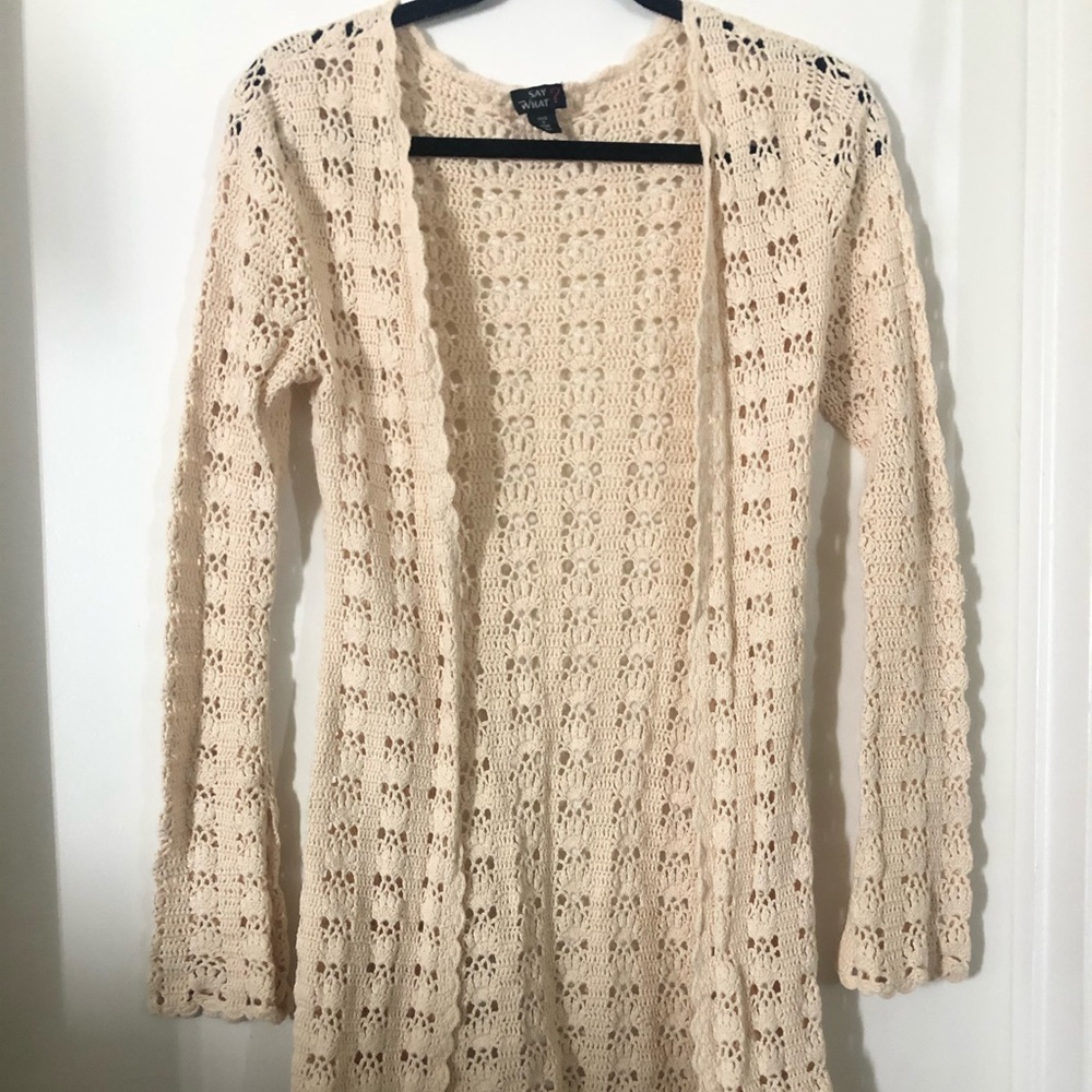 Crocheted, bell sleeve long cardigan